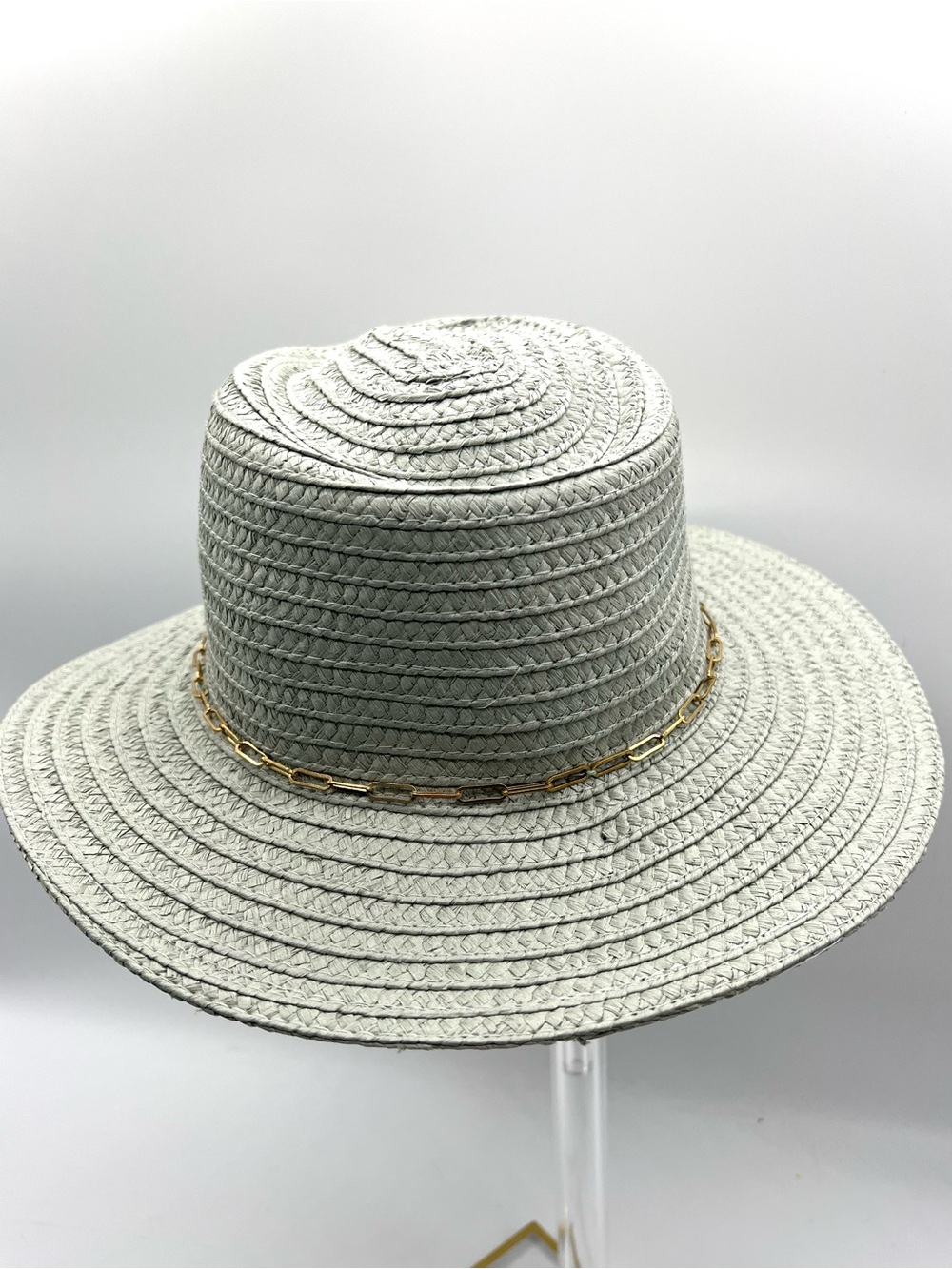 Vince Camuto Seafoam/Sage Straw Sun Hat Gold Chain Accent Wide Brim EUC - Picture 8 of 13